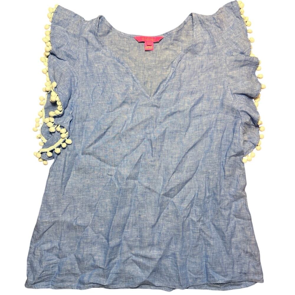 Lilly Pulitzer Astara Blue Linen Pom Pom Flutter Sleeve Top Blouse XS